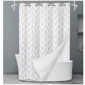 *NEW gray and white herringbone shower curtain no hook style with snap in liner